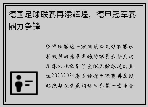 德国足球联赛再添辉煌，德甲冠军赛鼎力争锋